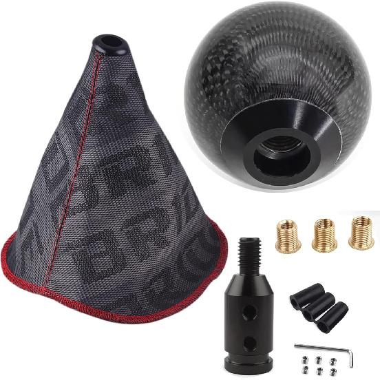MUGE Racing Fabric Shift Boot with Round Ball Carbon Fiber Shift Knob,Universal Shift Boot Cover with Weighted Shift Knob (Style 1)