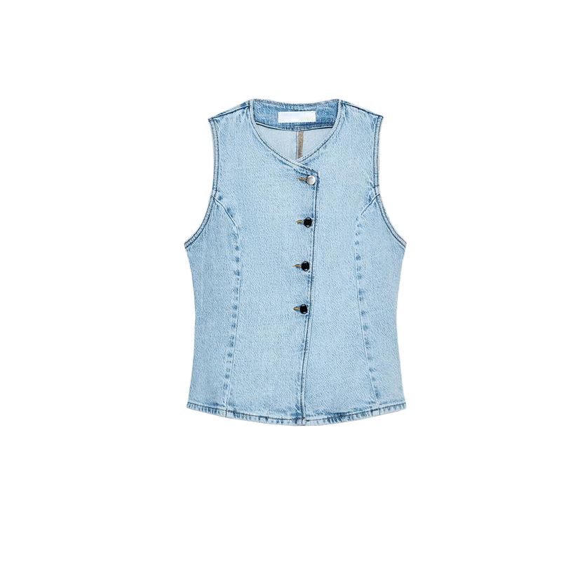 Spring and Summer Cinched Sleeveless round Neck Denim Vest 8228038 Midi Skirt High Waist Casual Denim Skirt 8228023