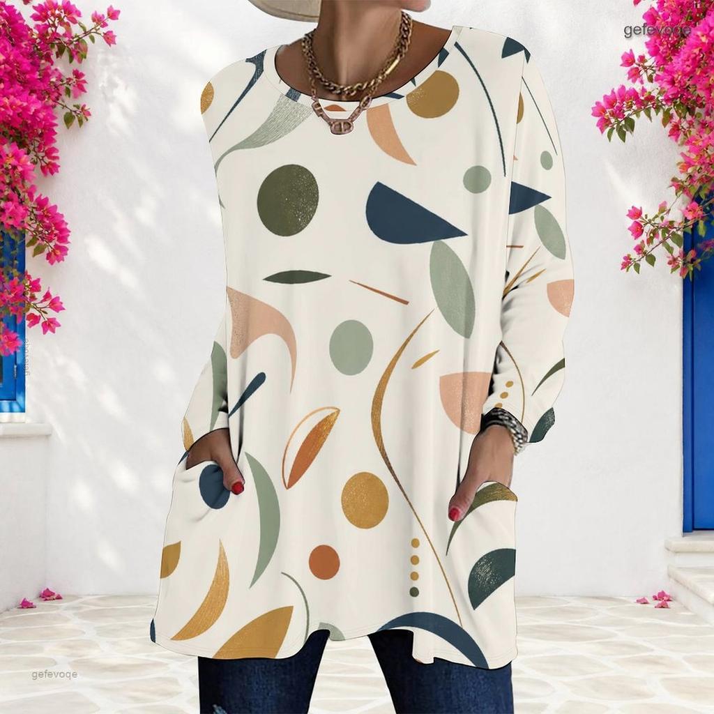 Women Plus Size Round Neck Long Sleeve Geometric Printed Loose Longline T Shirt With Pockets