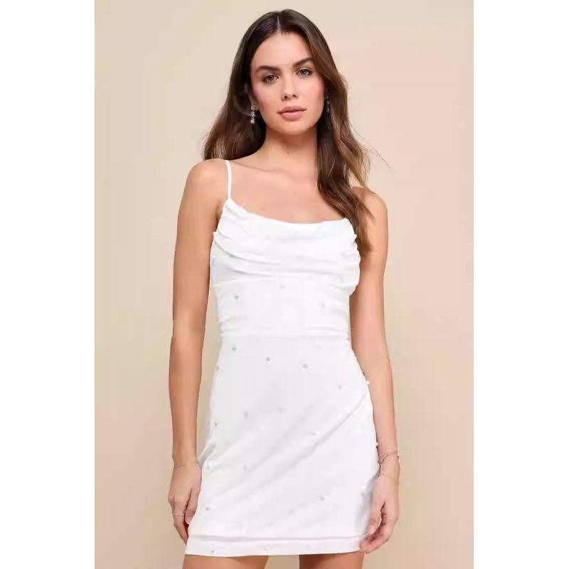 

Foreign Trade Order Lu s Home Sling Mesh Patchwork Knitted Shiny Elegant Sweet White Fairy Cascading Collar Sheath Dress Fairy White XL