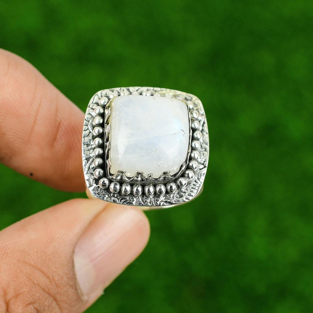 925 Sterling Silver Rainbow Moonstone Stone Solitaire Bezel Ring Jewelry US 9.25