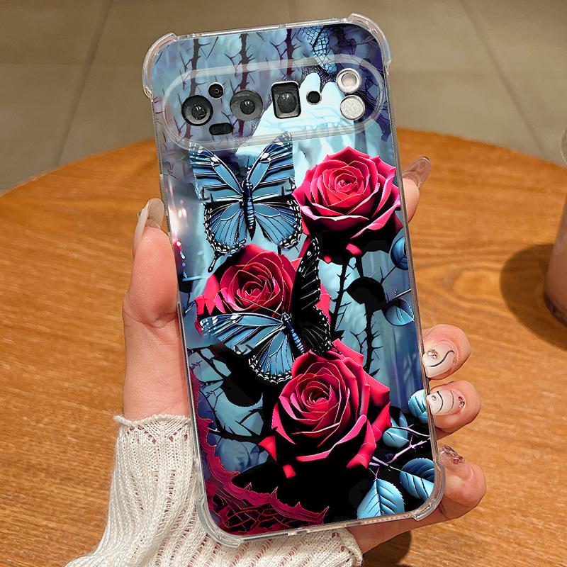 Scarlet Red Rose Flower Pattern Case For Google Pixel 9 Pro XL 9A Shockproof TPU Silicone Clear Soft Cover