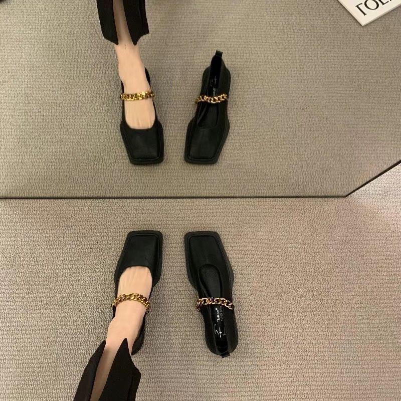 New Mary Jane small leather shoes metal chain British style soft sole square head 2026 temperament versatile retro