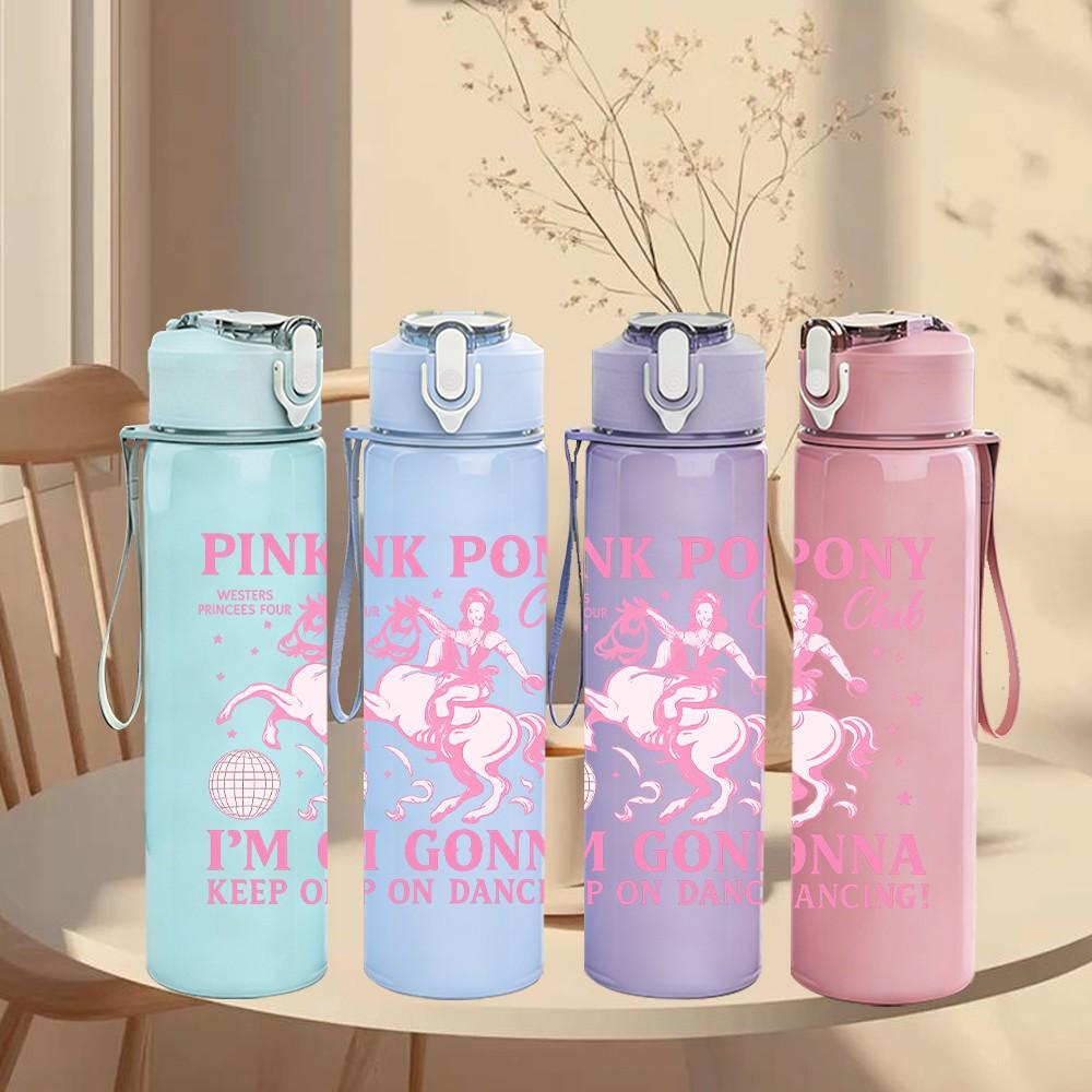 1PC Pink Pony Club Letter Print 750ml Color Plastic Sports Water Bottle Leakproof Flip Straw Lid Suitable for Sports Office Home Use
