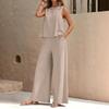 2026 Women's Solid Color Two-Piece Round-neck Blouse and Wide-leg Pants Set