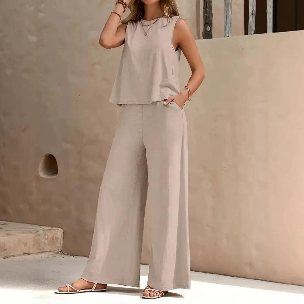 2026 Women's Solid Color Two-Piece Round-neck Blouse and Wide-leg Pants Set