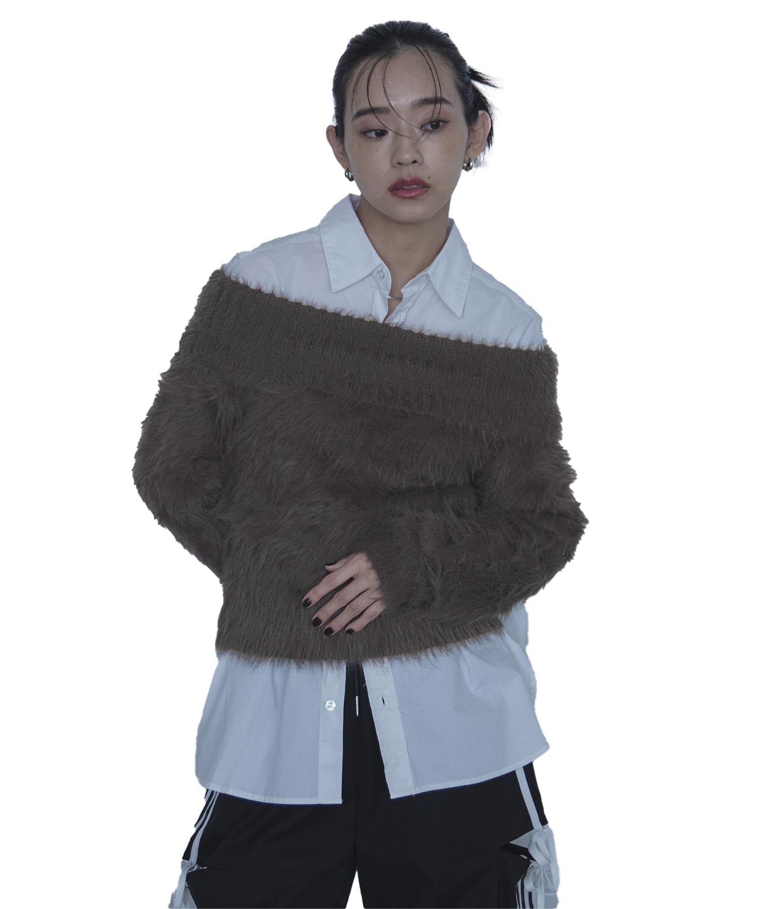 

miette Shaggy Free Charcoal Off-the-Shoulder Knit, REXX1085, Women s, Size,