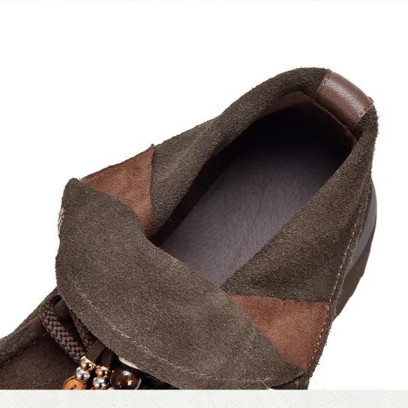 Johnature Thick Soled Handmade Beaded Round Toe Genuine Leather Short Boots Women's Lace-up Ankle Boots