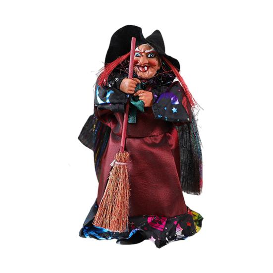 Halloween Witch Doll Decoration Spooky Witch Statue with Broomstick for Home Living Room Fireplace Mantel End Table Desktop Decor