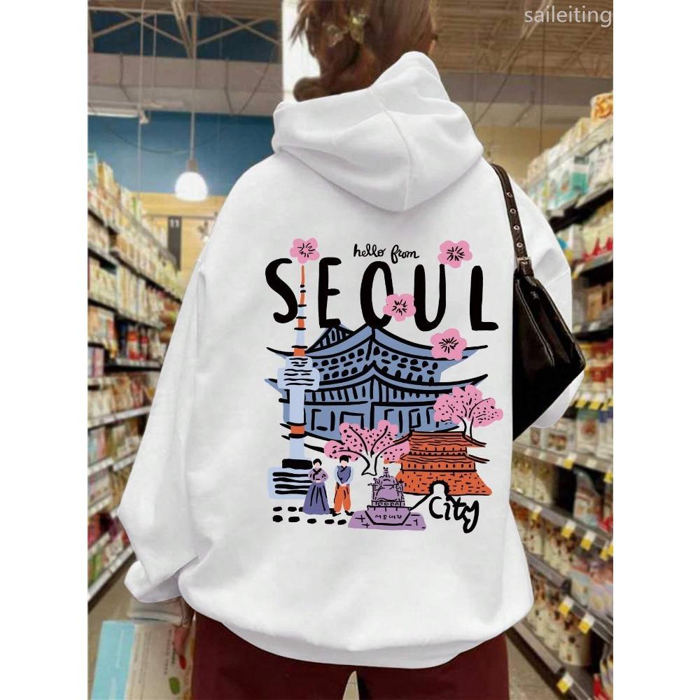 Seoul Smukke Landskaber Print Kvinder Varme Behagelige Hættetrøjer Enkle Street Pullover Vintertøj Kvinder Streetwear Kvinder