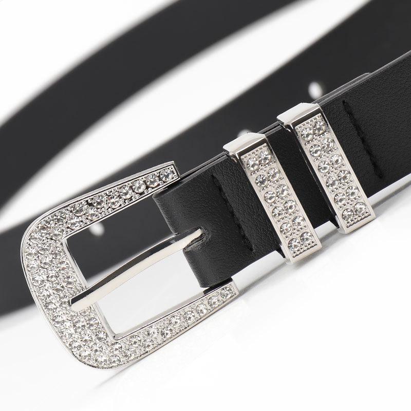 Rivet Rhinestone European American Pin Buckle Womens Leather Belt Dark Trendy Versatile For Jeans