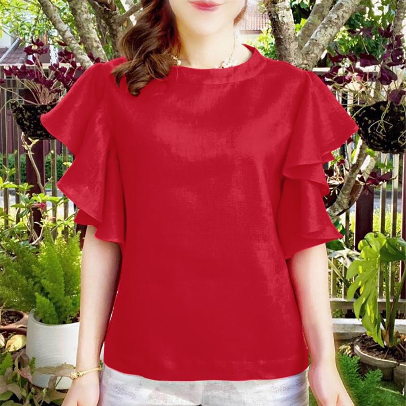 

ZANZEA Женская повседневная блузка с круглым вырезом, летняя, с оборками, с коротким рукавом S