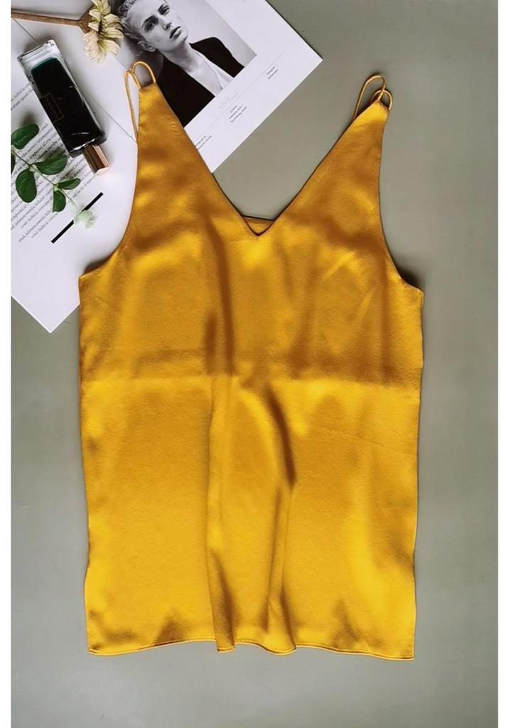 Tri-Color Double-Layer Silk V-Neck Geometric Vest with Double Straps