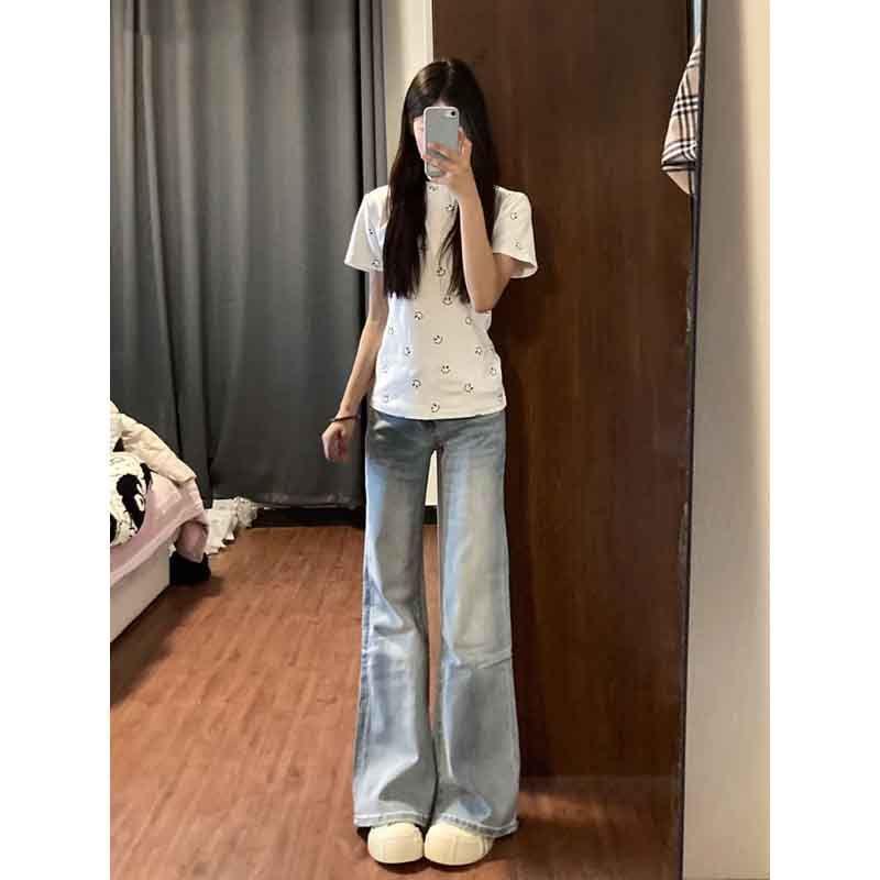 Light Blue Plush High-Waisted Micro-Flare Jeans for Women - 2025 Spring/Autumn Loose Fit Floor-Length Bell Bottoms