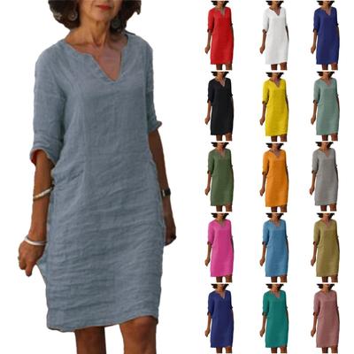 Damen Fünf-Ärmel V-Ausschnitt Retro Einfarbig Baumwolle Leinen Kleid