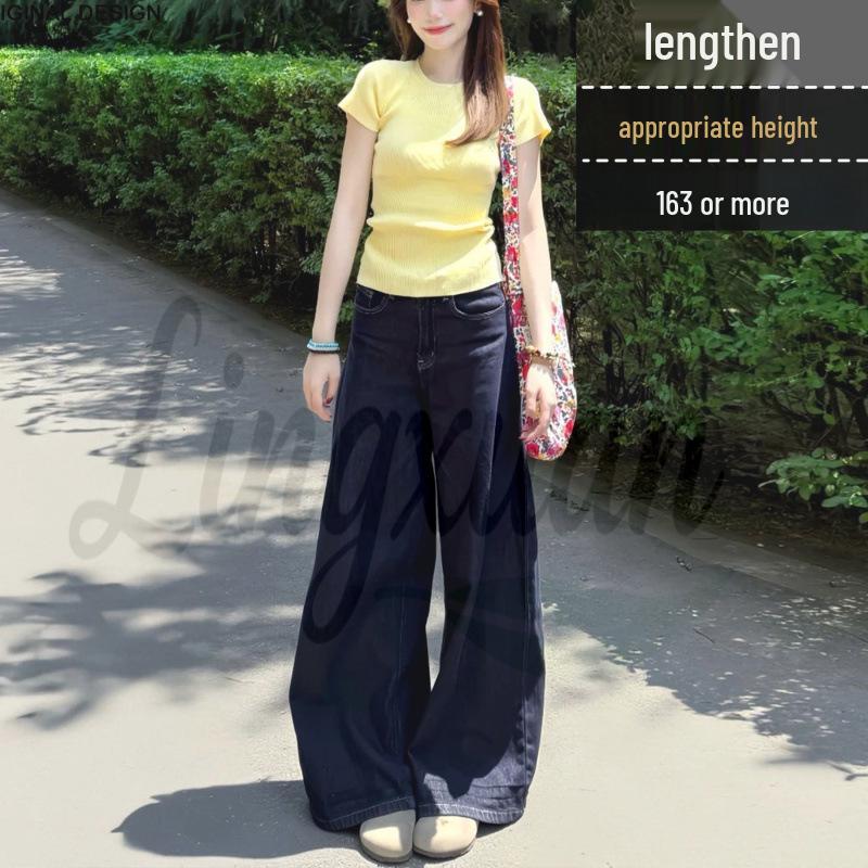 American Women s High-Waisted Retro Dark Blue Summer Trousers - Lightweight, Drapey Long Pants, Trendy 2026 Commute Style Extra Large