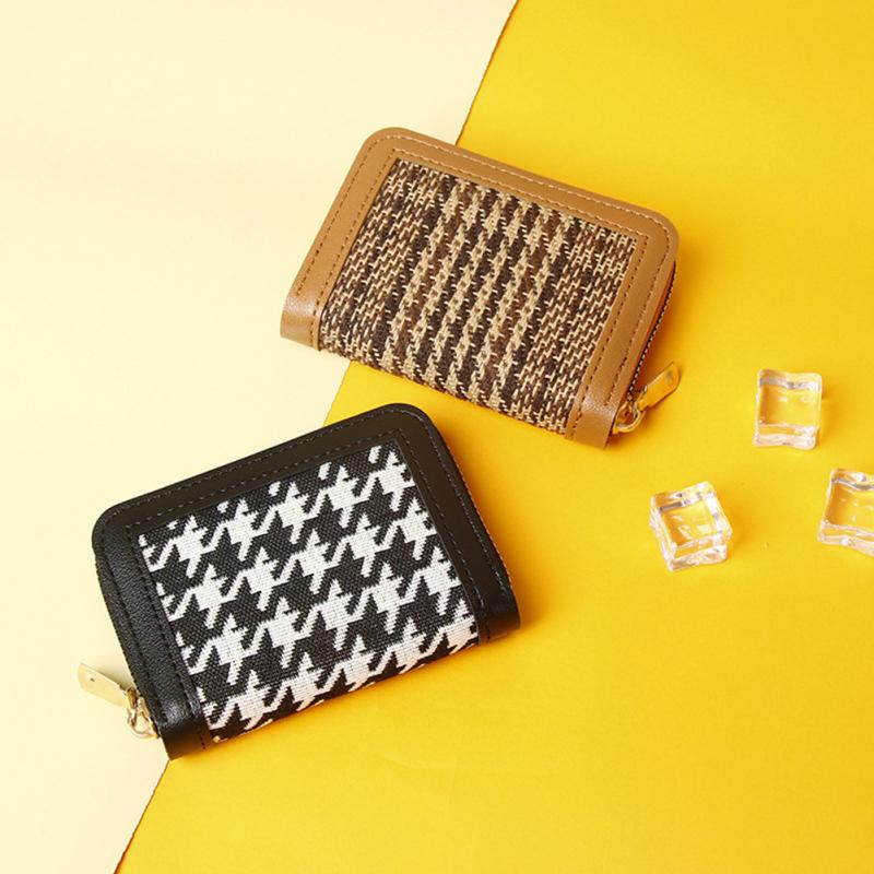 Women Houndstooth Wallet Pu Leather Multi-functional Multi-card Slot Zipper Coin Purse