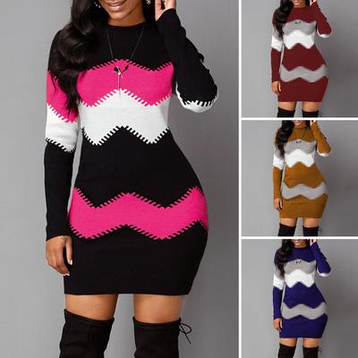 Women Fall Dress Knitted Elastic Striped Color Matching Plus Size Sheath Above Knee Length Long Sleeve Round Neck Slim Fit Lady Mini Dress