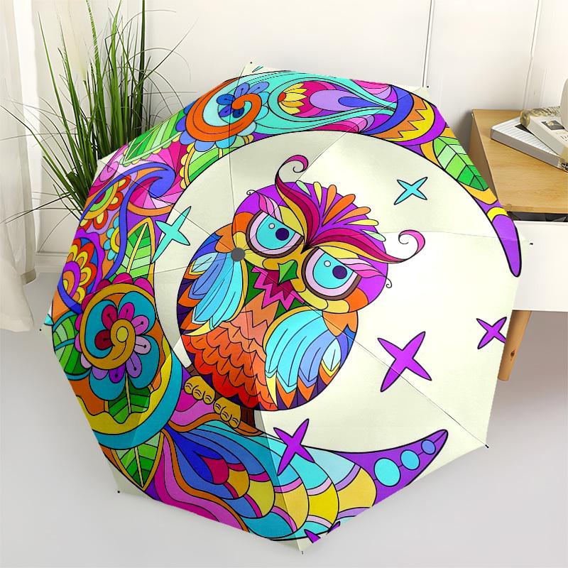 1pc Colorful Moon Owl Illustration Umbrella with Plastic Handle,Vibrant Cartoon Pattern,Multi-functional UmbrellaPT071