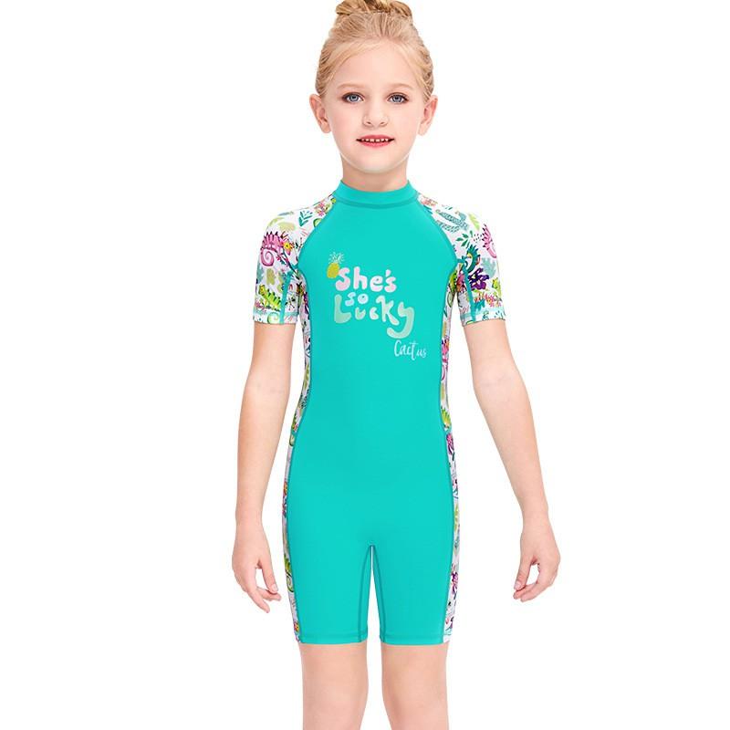 Children's Swimsuit Girl Middle Small Children One-piece Short-sleeved Box-suit Baby Sunscreen Quick-drying Hot