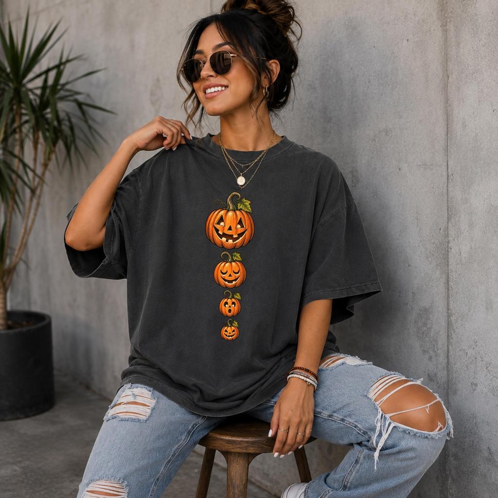 Comfort Colors Stacked Pumpkins T-Shirt | Vintage Jack OLantern Graphic Tee | Cute Halloween Shirt