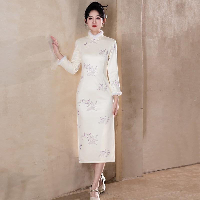 Womens Winter Warm Thickened Cheongsam-Style Long Sleeve Top Vest Set Retro Velvet Fleece Lined