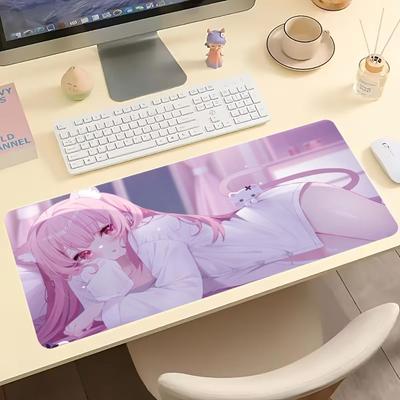 Kawaii Pink Neko Anime Girl Large Extended Gaming Mouse Pad Non Slip Desk Surface Pastel Cartoon Art Print For Gaming Station