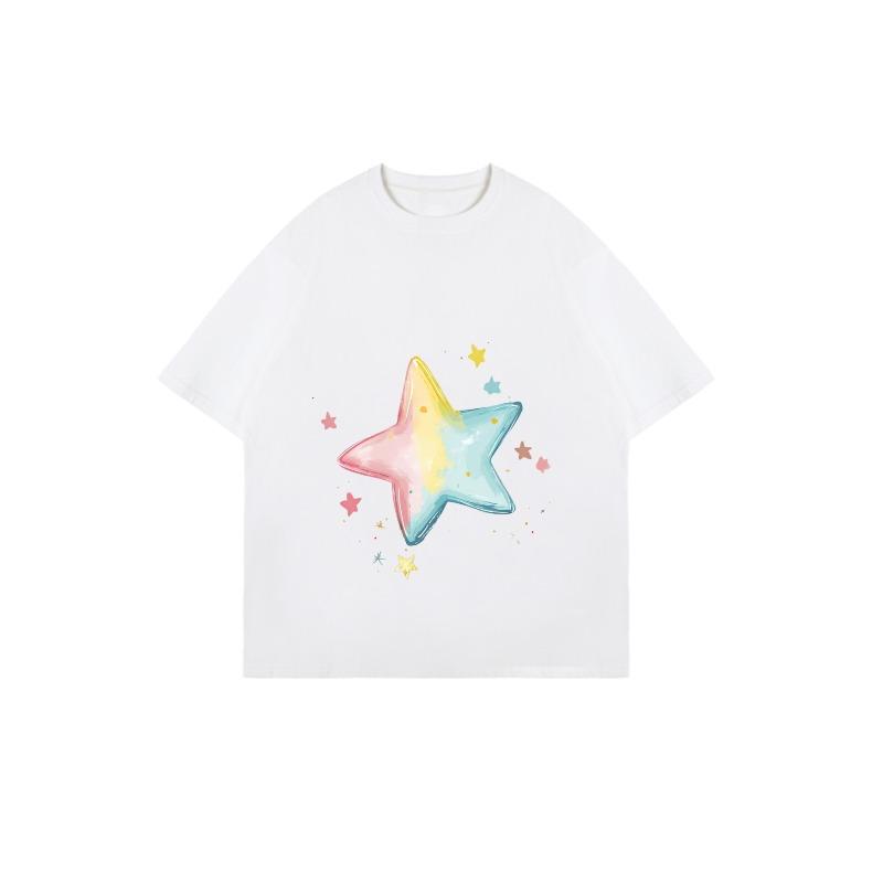 Oversize Women's Short-Sleeve T-Shirt with Pink-Yellow-Blue Gradient Star and Colorful Little Stars Print