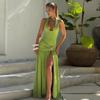 Patchwork Halter Maxi Dress For Woman Summer Sleeveless Backless Split Pleated Long Dress Lady Chic Evening Party Vestidos