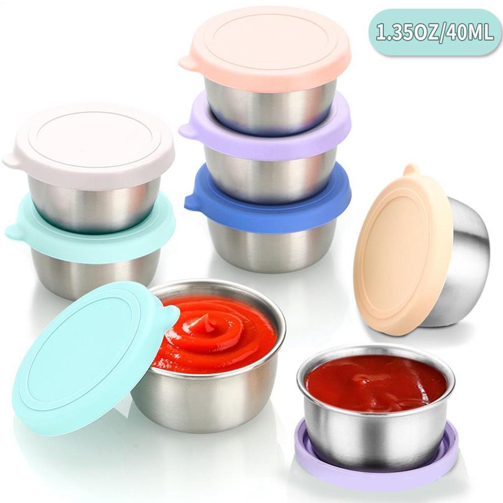 6 Pcs Leakproof Stainless Steel Dipping Sauce Cups Food Containers Reusable Salad Dressing Container Silicone Stretch Lids