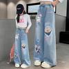 Spring Autumn Girls' Cartoon Pattern Jeans for Girl Loose Straight Denim Pants Lovely Print Kids Long Trousers