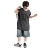 Boys' Trendy Sleeveless Set: Summer Thin Denim Bermuda Shorts & Spray Dye Print Vest T-shirt.