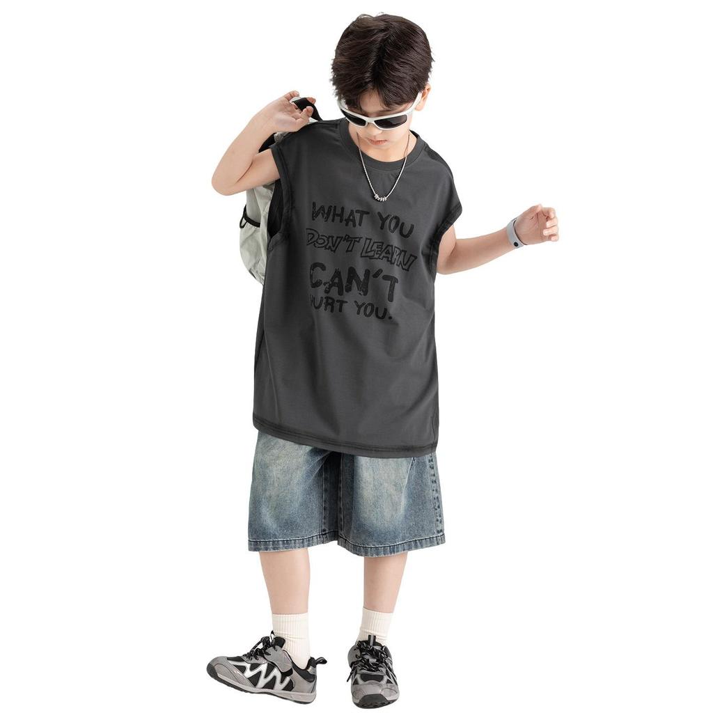 Boys' Trendy Sleeveless Set: Summer Thin Denim Bermuda Shorts & Spray Dye Print Vest T-shirt.