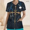 Women Plus Size Eagle Printed Nurse Scrub Top V Neck Short Sleeve With Front Pockets