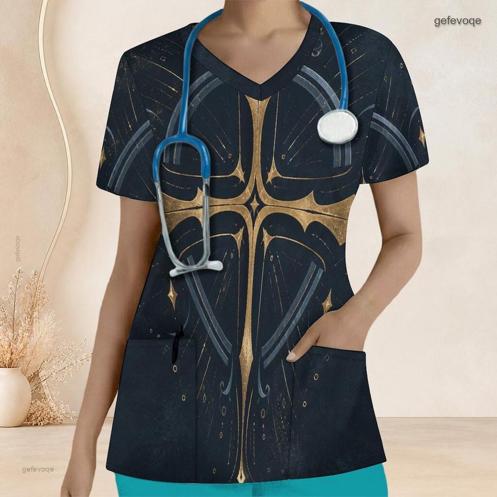 Women Plus Size Eagle Printed Nurse Scrub Top V Neck Short Sleeve With Front Pockets