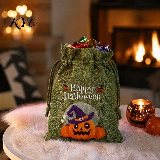Lightweight Candy Carriers 2Pcs Halloween Pumpkin Drawstring Bags for Treats, Retro Burlap Pattern Party Favors Trick or Treat Bags, Portable