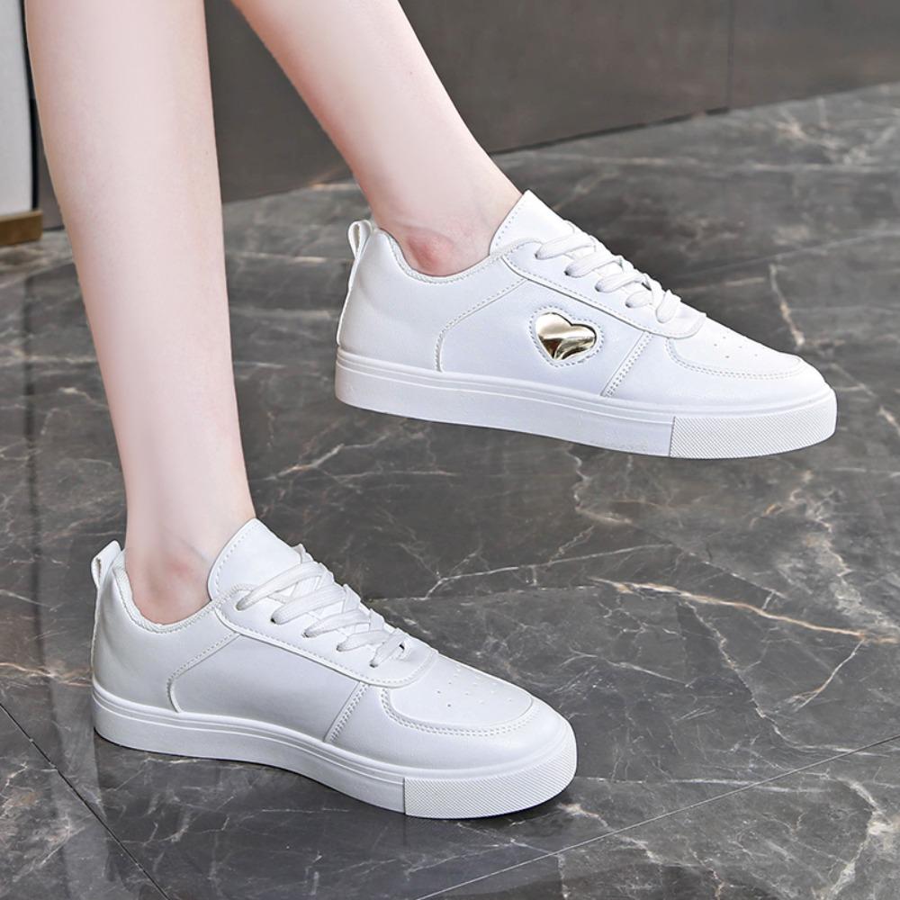 Spring Autumn Pure White Casual Sports Shoes Breathable Round Toe Lace Up Women's Casual Comfortbale Flat Sneakers