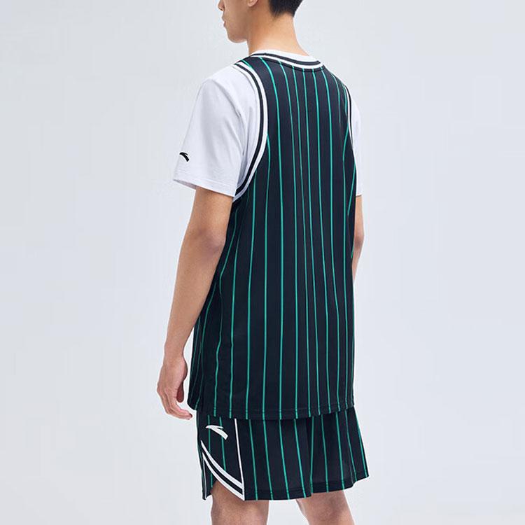 Anta Lighthearted Series Logo Letter Pattern Striped Vest And Shorts Basketball Set Men sets Moss-Green 152321205-3
