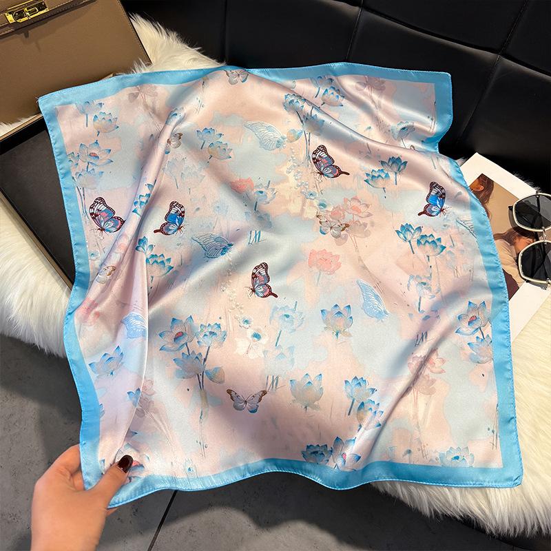 French Light Luxury Floral Small Square Scarf Simulation Silk Printing Silk Scarf Headscarf Women's Spring and Summer Scarf Temperament Scarf Scarf N
