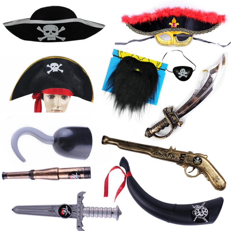 Pirates of the Caribbean Costume Set: Pirate Hat, Sword, Flag, Bugle Horn, Eye Patch, & Mask for Halloween Cosplay