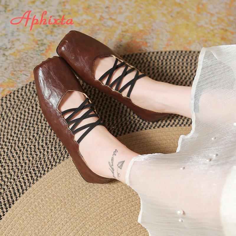 Fashion Aphixta Square Toe Black Flats Shoes Slip On Elastic Bands Cross Straps Womens Shoes Elegant Flat with Ladies Shoes