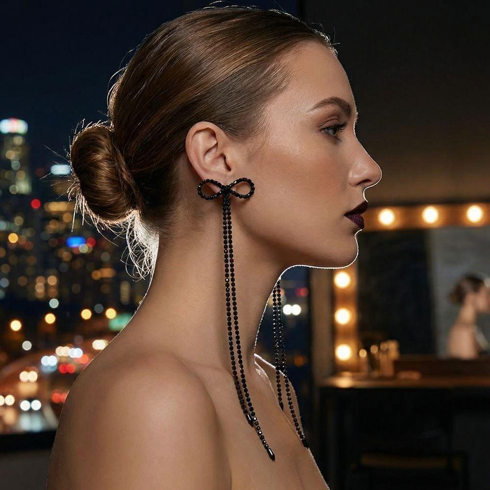 Black Bowknot Pendant Earrings Rhinestone Statement Drop Earrings Long Tassel Earrings Proms