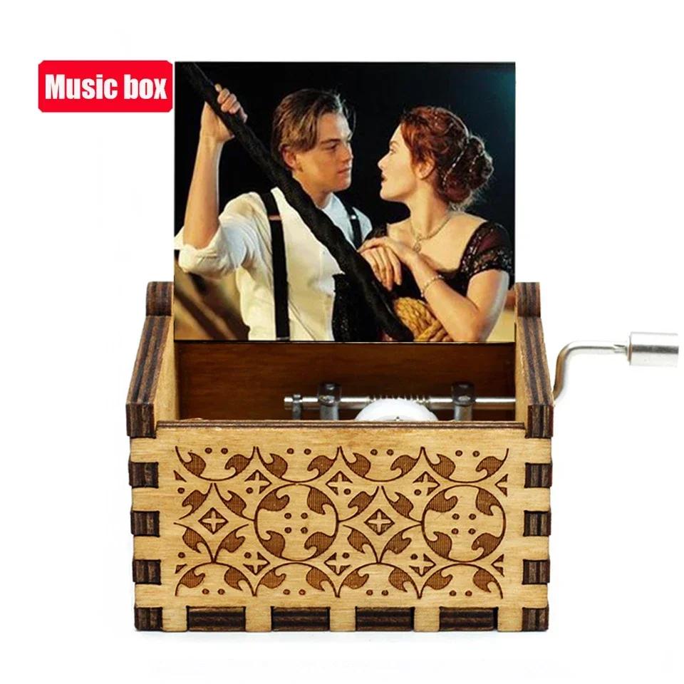 **Hot Antique carved Wooden Hand Crank Jurassic Park Music Box Action Toy Figure Anime Model Christmas Birthday Gift