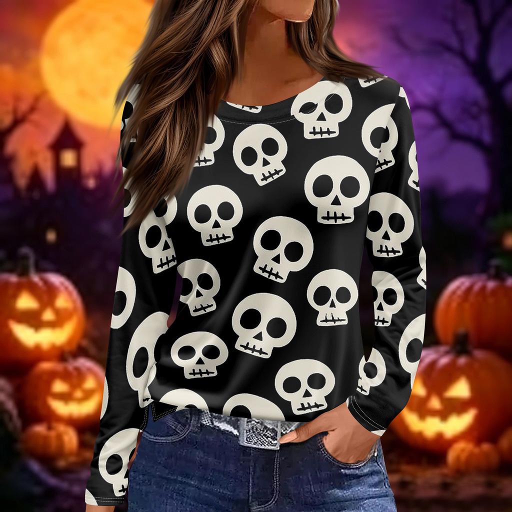 Women's Fashion Print Long Sleeve Top with Round Neck and Side Slits