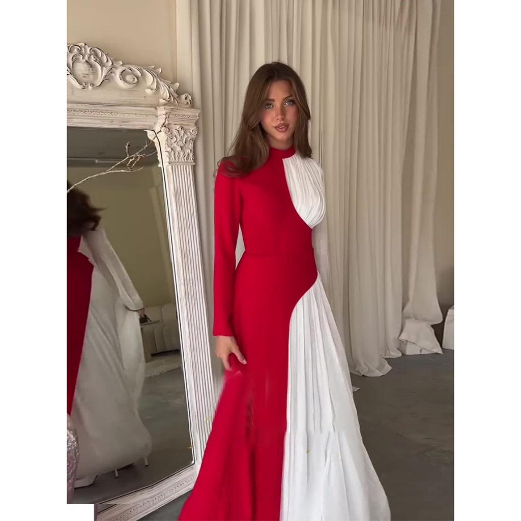 Toamnă Iarnă Nou Rochie Elegantă Bodycon Talie Înaltă Blocuri de Culoare Gât Rotund Mânecă Lungă Rochie de Seară Rochie Formală Femei Europene Americane