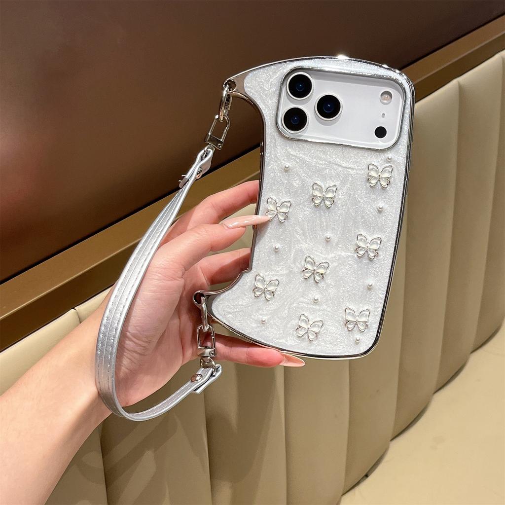 Elegant Pearl & Butterfly Shoulder Phone Case for iPhone 12-17 Series — Adjustable Strap, Mirror Metallic Frame