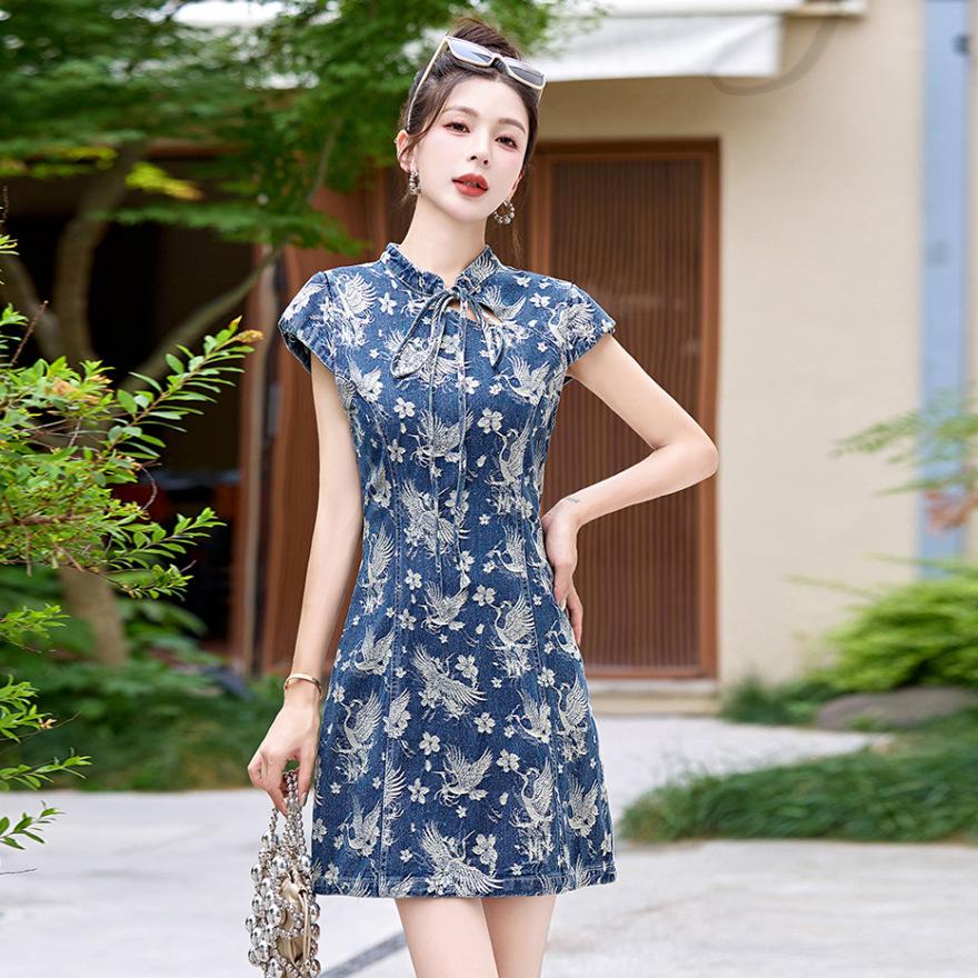 

Маленькое платье женское летнее дизайн улучшенный чонсам короткая джинсовая юбка 2XL