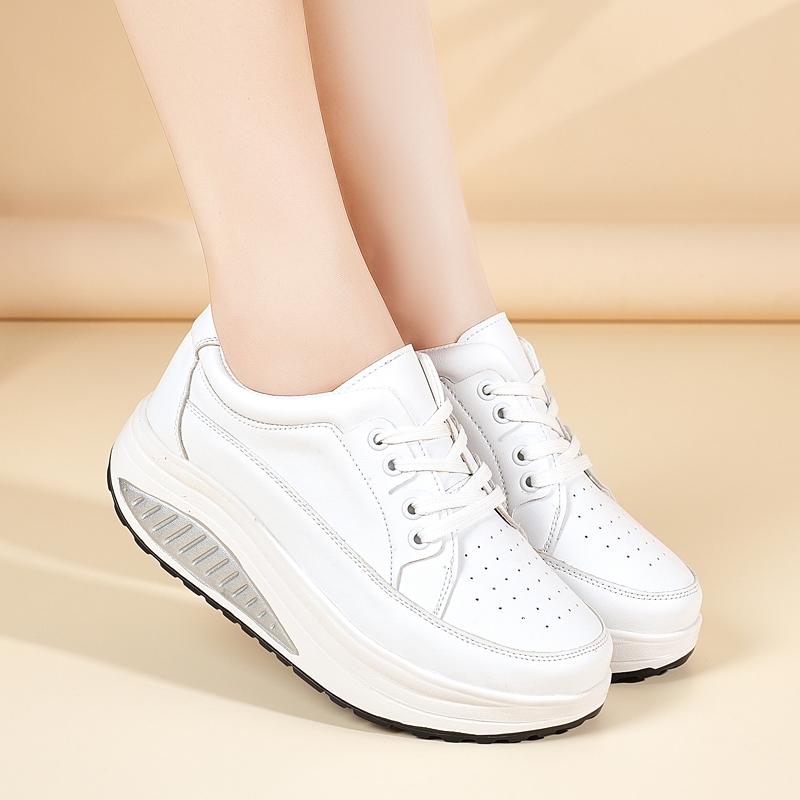 Women's Sneakers Height Increase White Leather Platform Casual Simple Thick Sole Elevator Shake Shoes
