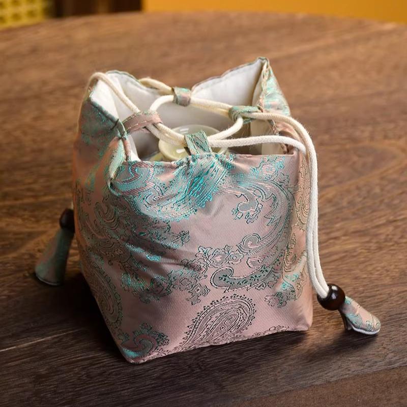 1pc Tea Set Storage Bag Chinese Woven Brocade Tea Cup Bag Vintage Printed Teapot Cloth Bags Portable Travel Master's Cup Sacks