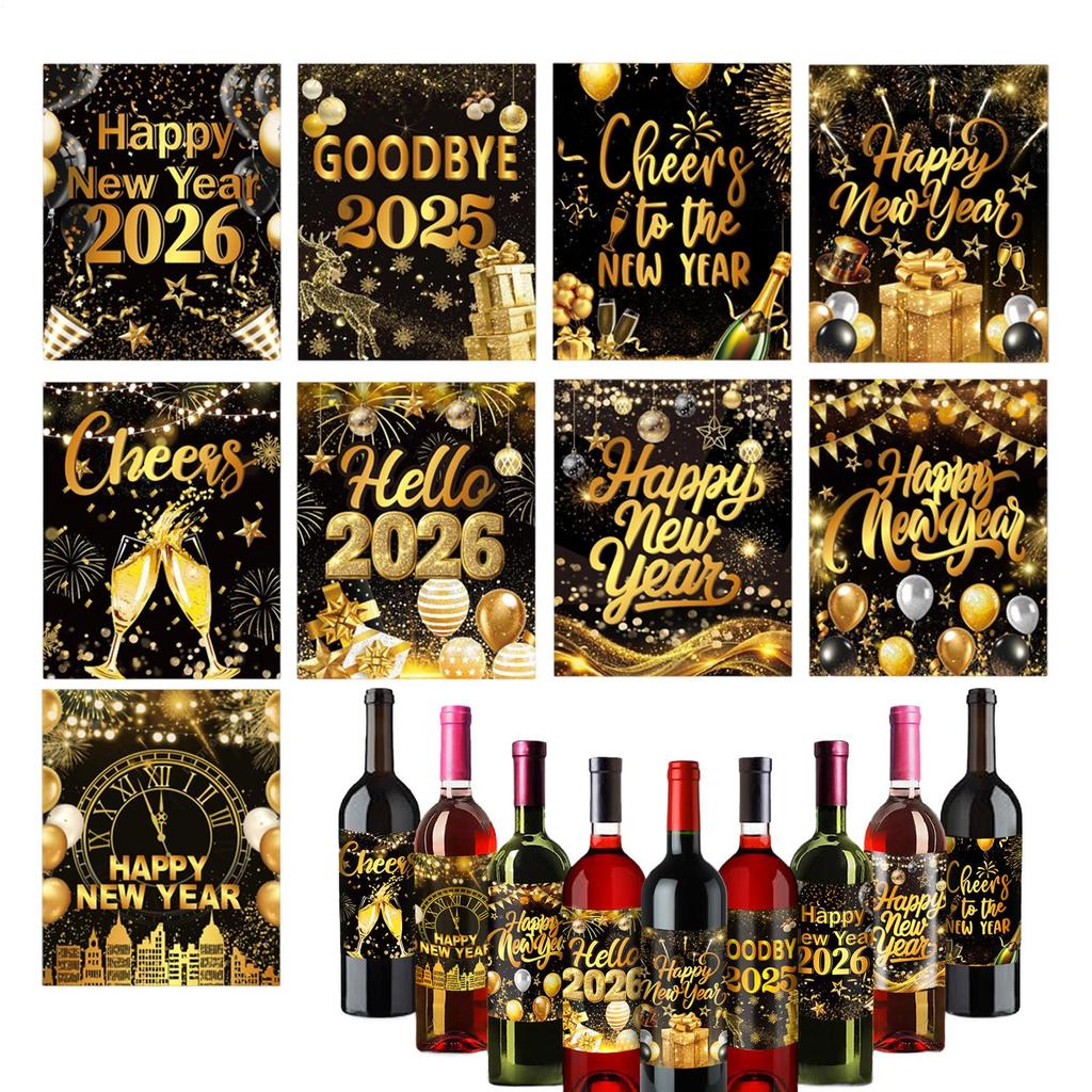 Happy New Year Wine Bottle Label Sticker 2026 Happy New Year Self-Adhesive Party Decoration Black Gold Beer Bottle Label Sticker